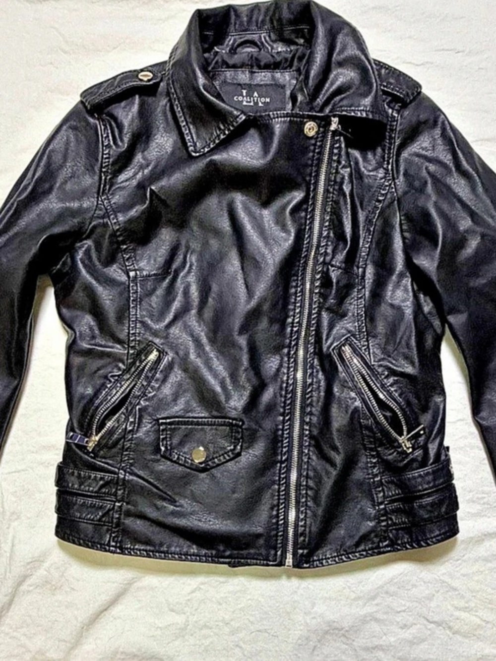 LA Coalition Black Moto Biker Jacket Asym Zip Buckle Detail